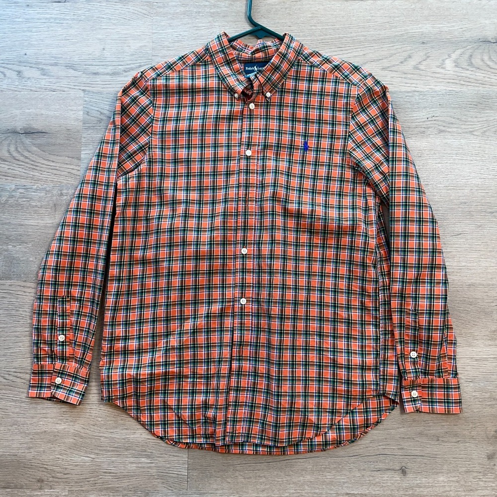Ralph Lauren Boys XL 18-20 Plaid Button Down Shirt Orange Green Long Sleeve